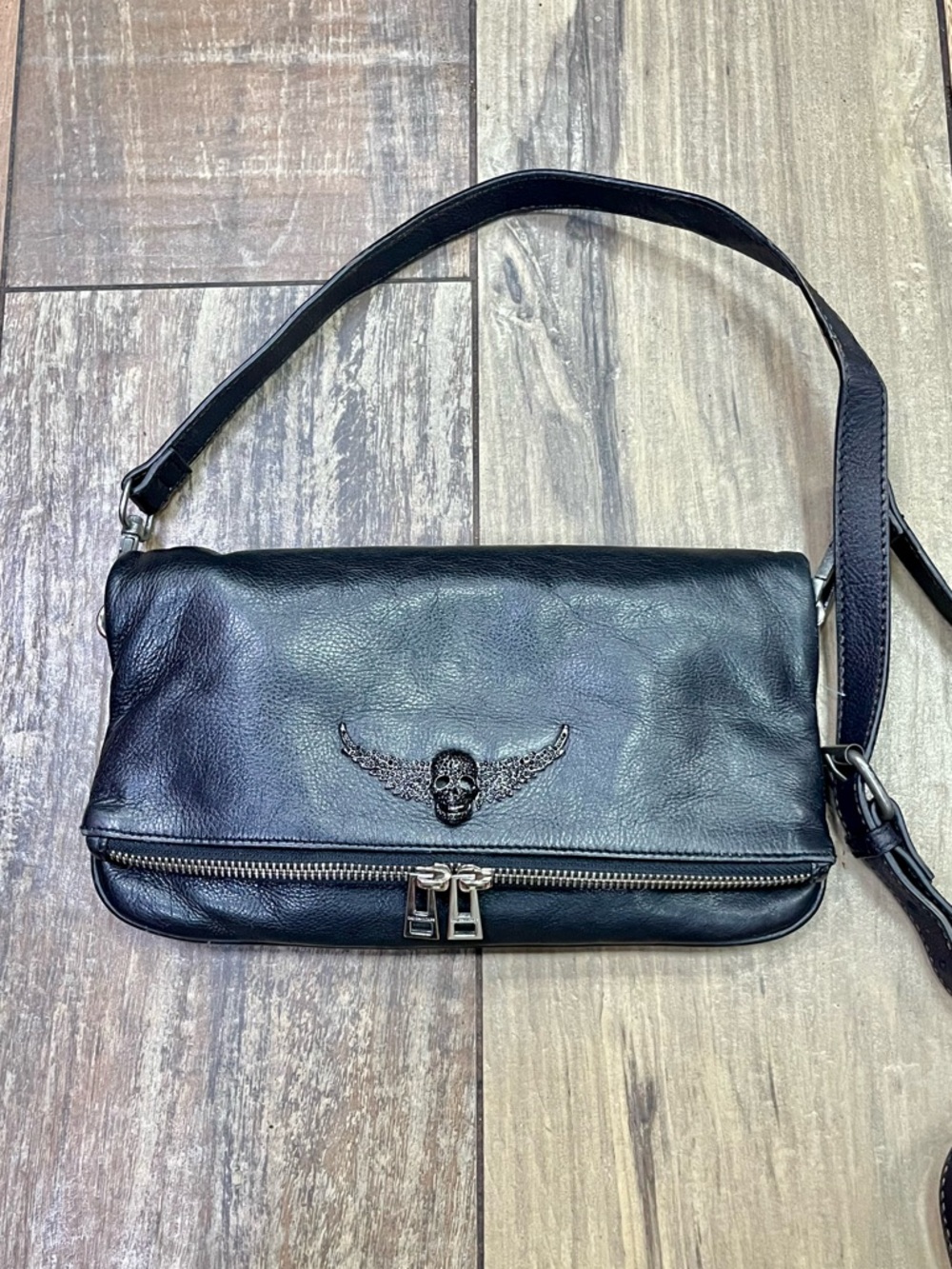 Zadig & Voltaire Rock Skull Crystal Embellished Leather Clutch Bag